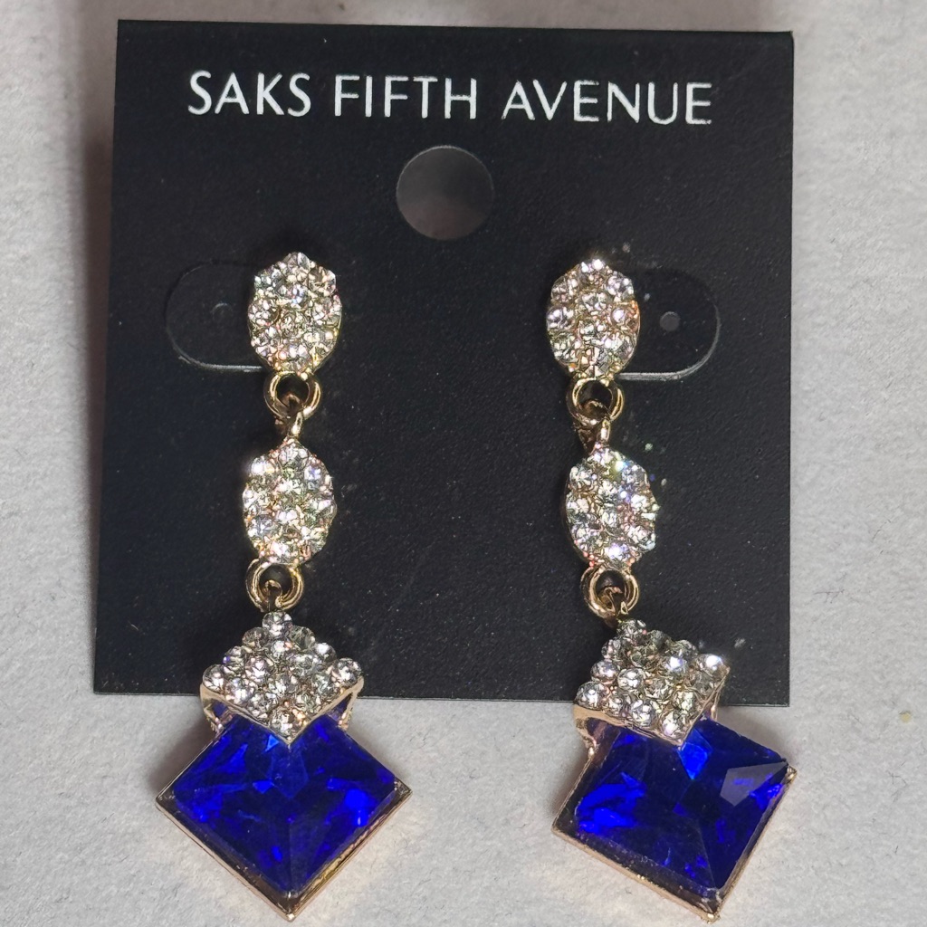 Saks Fifth Ave Pave Teardrop Crystal Post With Drop Blue Crystal Earrings 20$